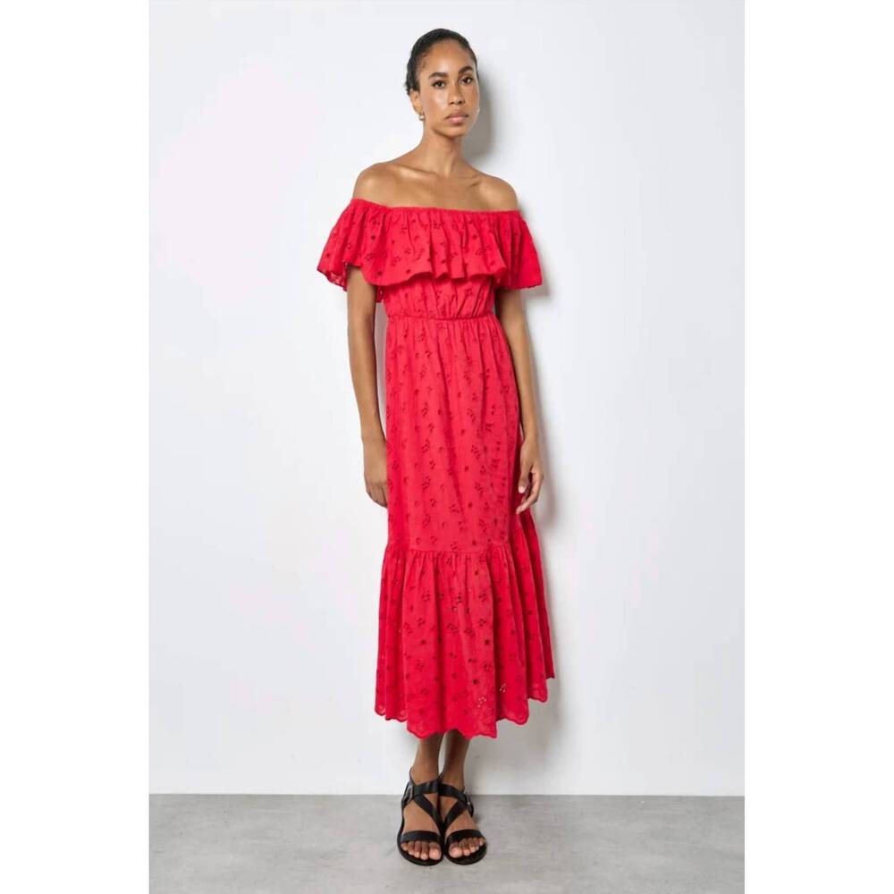 NEW APRICOT broderie bardot tiered detail maxi dress in red
